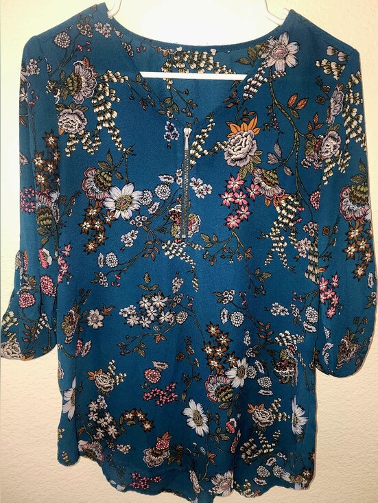 Tops - Teal Floral Zip Neck Roll Tab Sleeve Blouse Size S/M